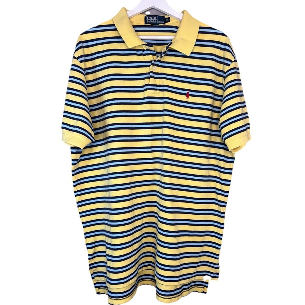 Vintage Polo Ralph Lauren Men's 2XL Yellow Blue Striped Polo Shirt Red Pony